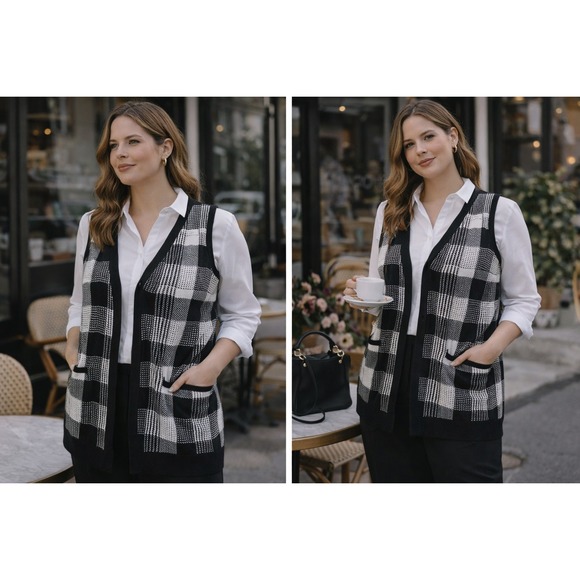 Leo & Nicole Sweaters - Vintage Sleeveless Knit Vest Cardigan Black White Check Open Front Pockets M